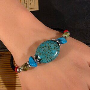Gemstone Bracelet Turquoise Coral Black Velvet and Silver Tone Beads Style H